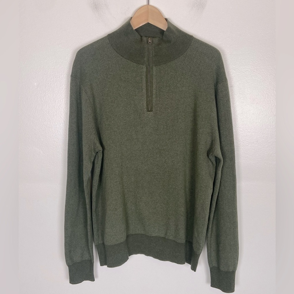 J. Crew Men's Henley Zip Mock Neck Sweater Size M Green Cotton Long sleeve